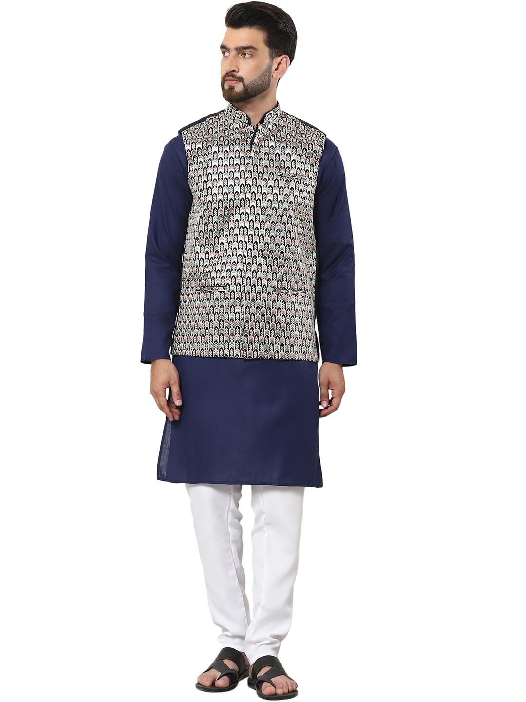 SOJANYA (Since 1958 Mens Cotton Solid Navy Blue Kurta and White Pyjama with Designer Navy Nehru Jacket