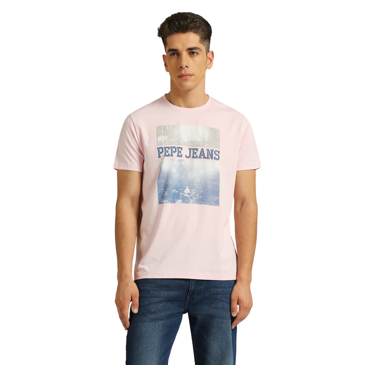 Pepe Jeans Men Cotton Slim Fit Graphic Printed T-Shirts Pink, Small