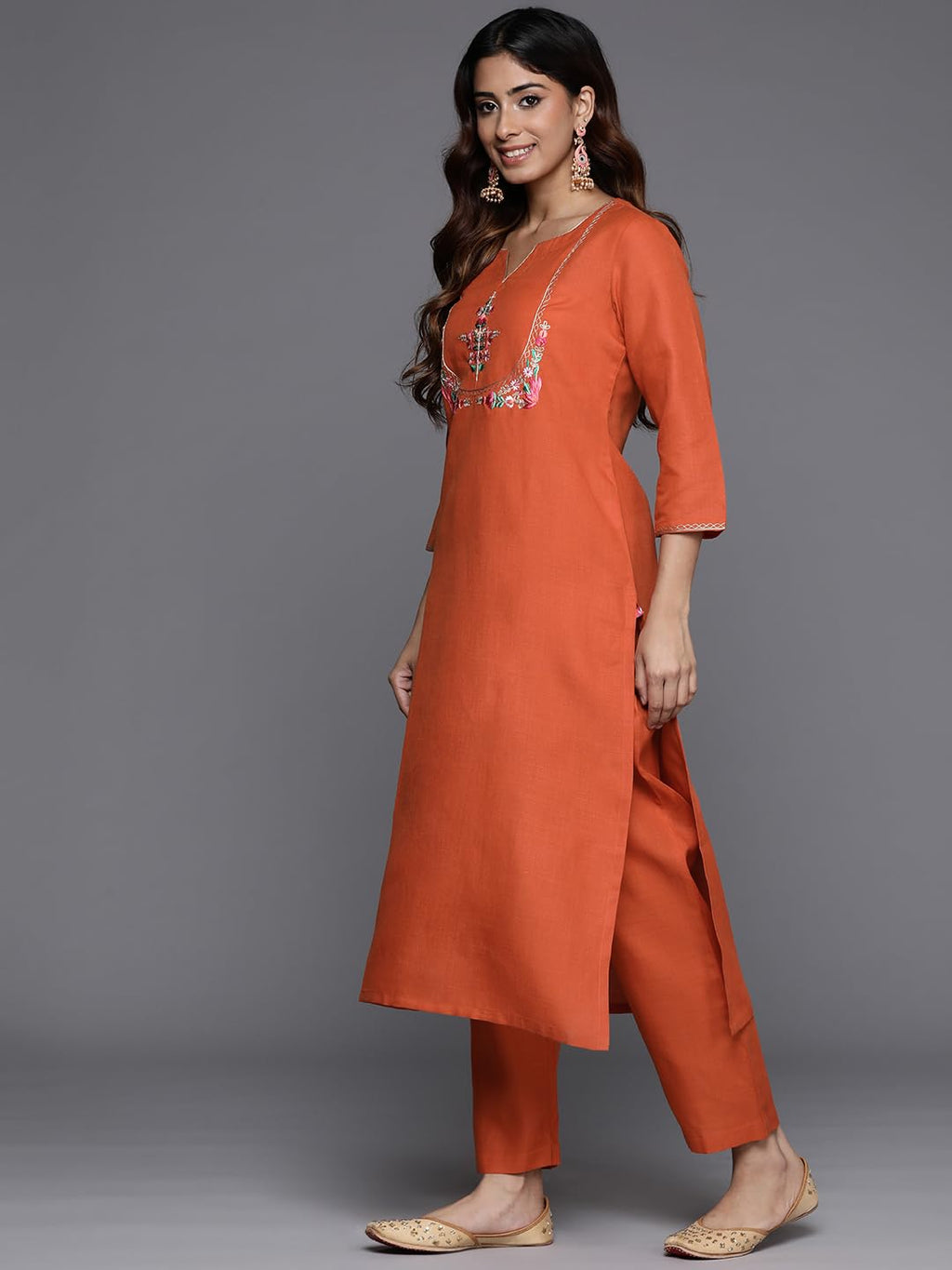 Varanga Women Rust Thread And Zari Embroidered Kurta With Bottom, Round Neck With Slit, Three-Quarter Sleeves, Straight Kurta Wi