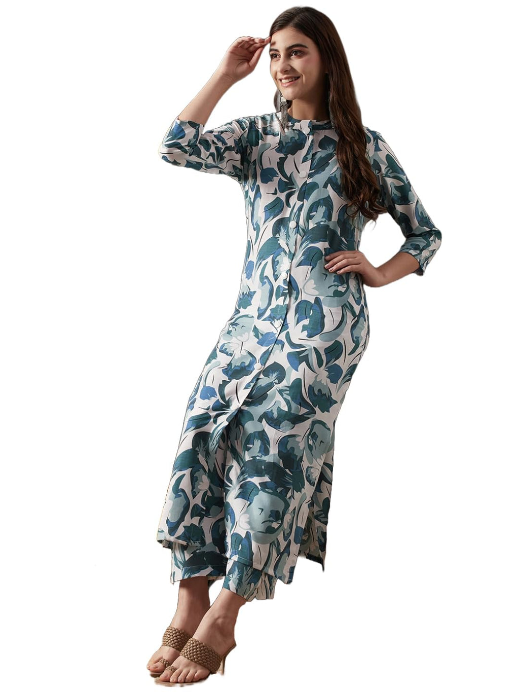 ANNI DESIGNER Women's Cotton Blend Straight Printed Kurta with Palazzo (Yamla Green-NW_XL_Green_X-Large)