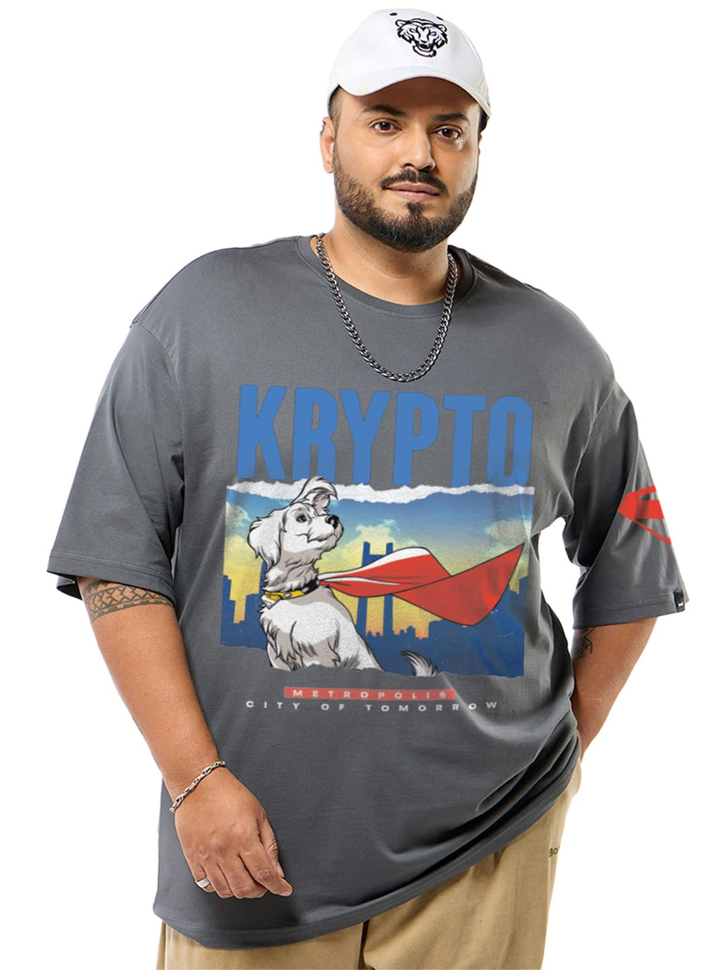 Bewakoof Official DC Merchandise Krypto Mens Graphic Print Oversized Fit Half Sleeve Round Neck Pure Cotton Plus Size T-Shirt_6