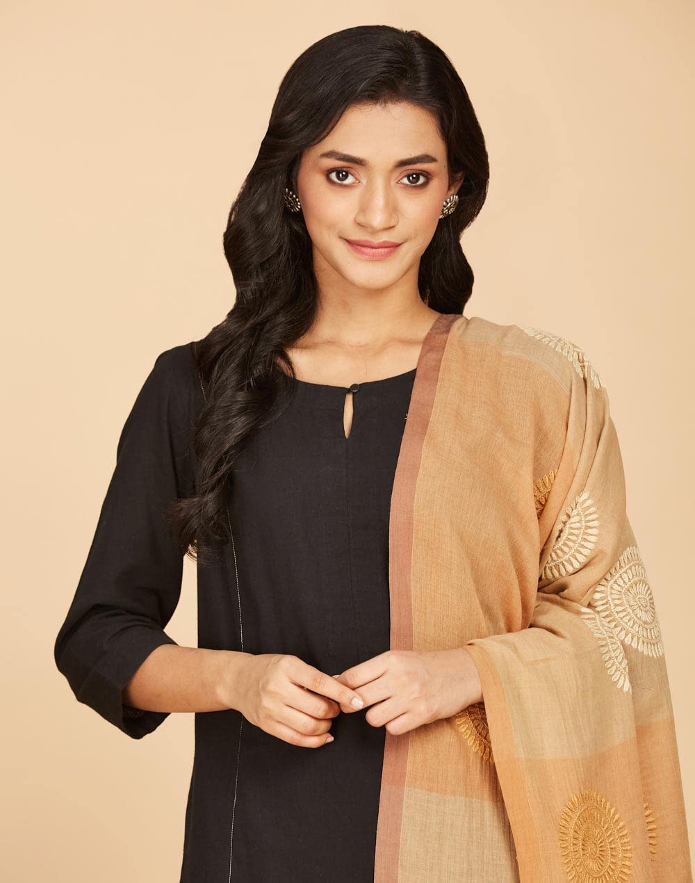 Fabindia Beige Cotton Chikankari Embroidered Dupatta | Free Size | Regular Length | Spring | 2.5m x 92cm (L x W)