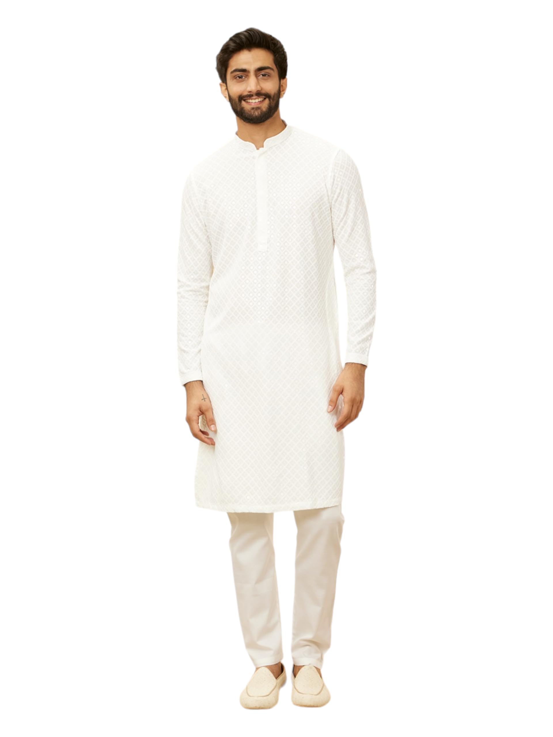 Manyavar Mens White Viscose Embroidered Kurta Pyjama Set