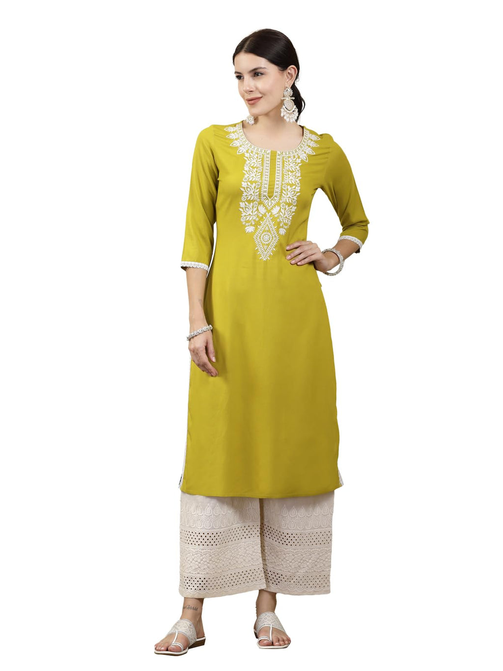 Stylum Women'S Solid & Embroidered Rayon Straight Chicken Kurta (Cornerica44_Yellow, Xxl)