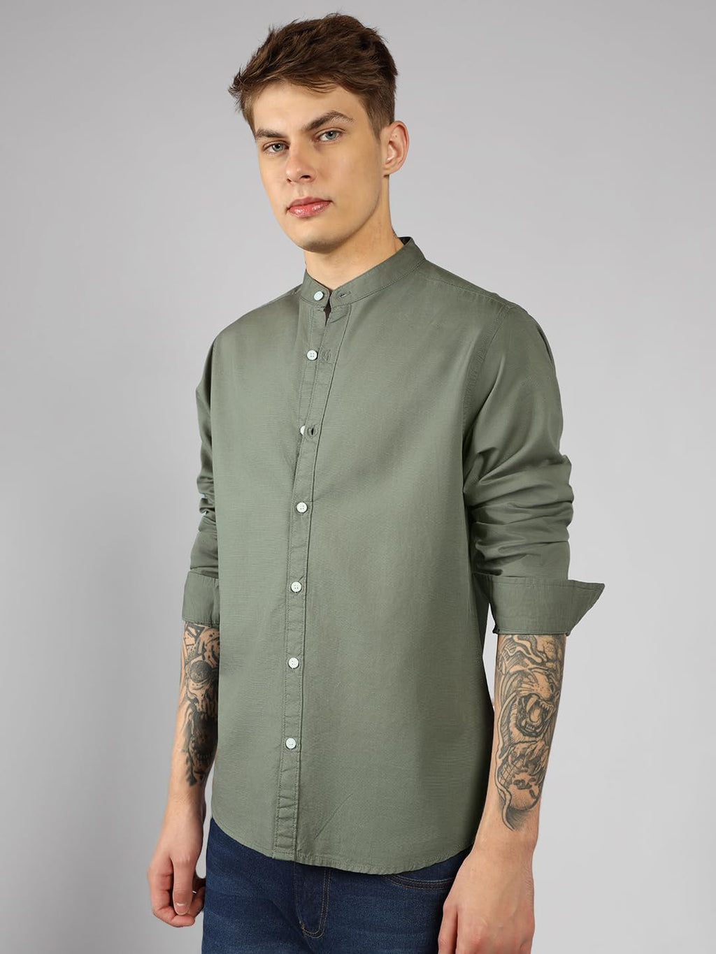 Dennis Lingo MenS| Green| Full Sleeve| Mandarin Collar| Solid| Regular Fit| Casual Shirt