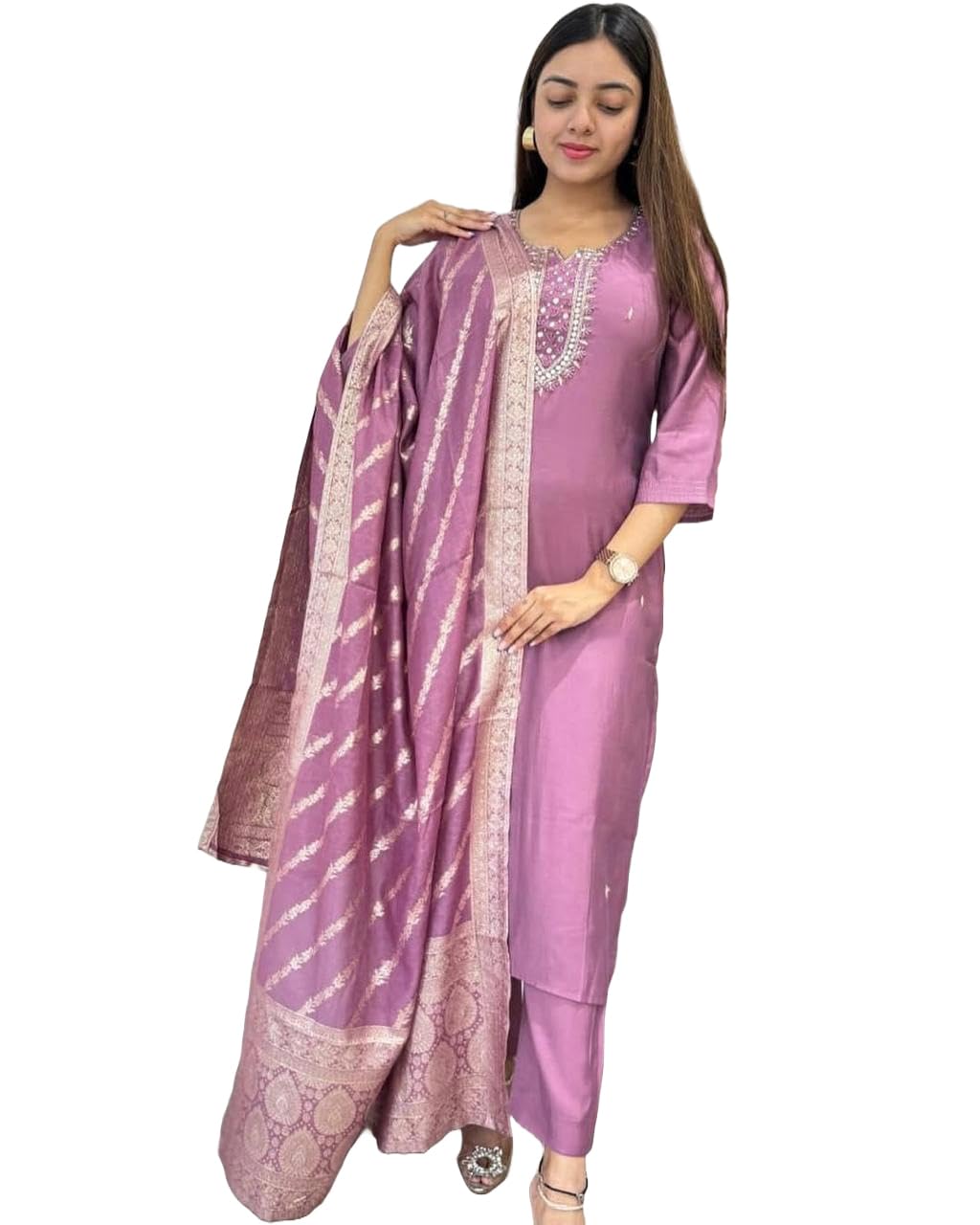 ANNI DESIGNER Womens Rayon Blend Embroidered Straight Kurta with Pant & Dupatta (Nagari Purple_S_Purple_Small)