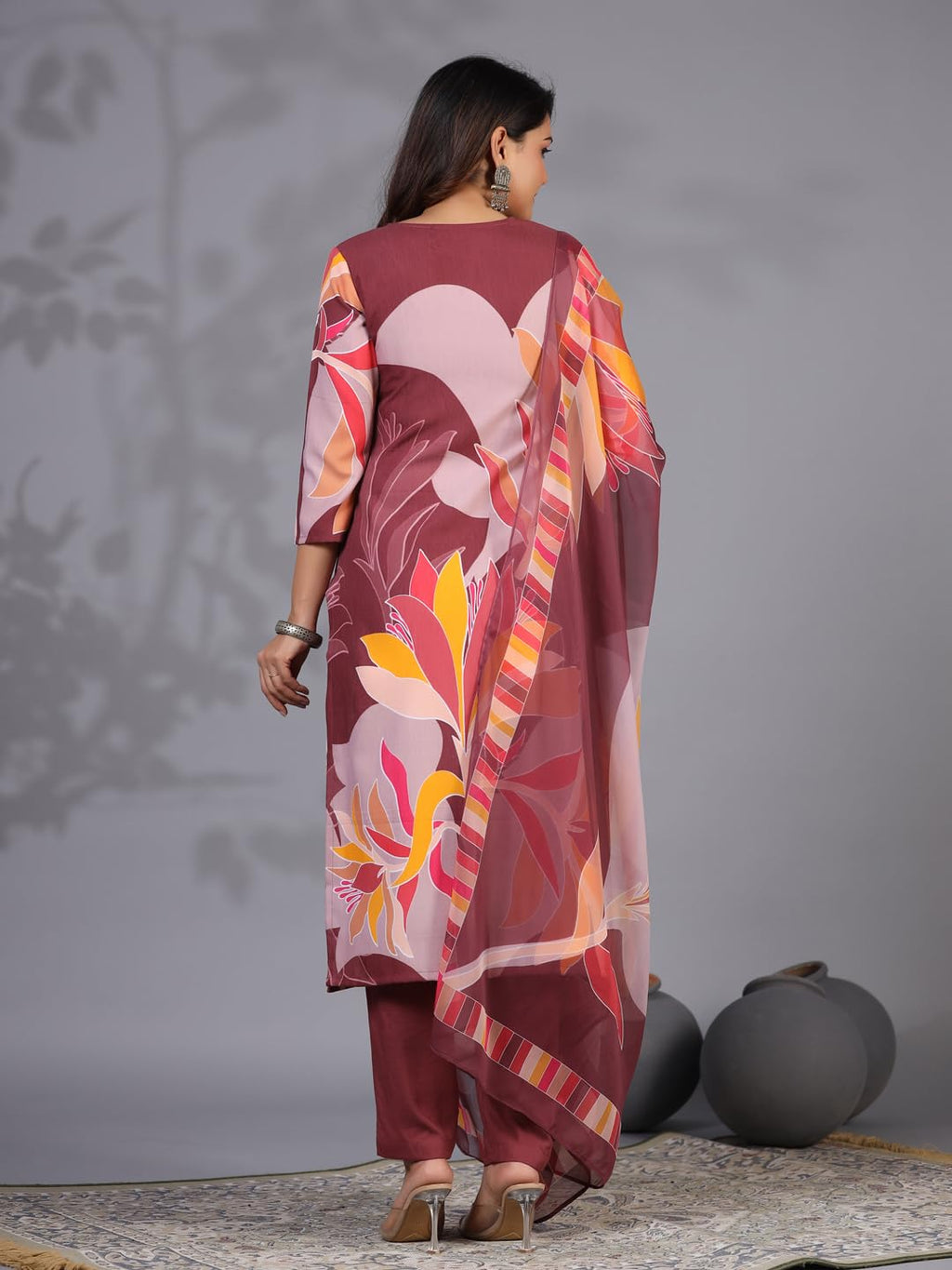 Gosriki Women'S Rayon Blend Printed Straight Kurta With Pant & Dupatta (Khissu Wine-Nw-Gs_Xl_Wine_X-Large)