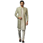 Kisah MenS Beige And Silver Indo-Western Kurta Sherwani Churidar Set Cotton Full Sleaves, Knee Length, Straight, Regular Fit, M