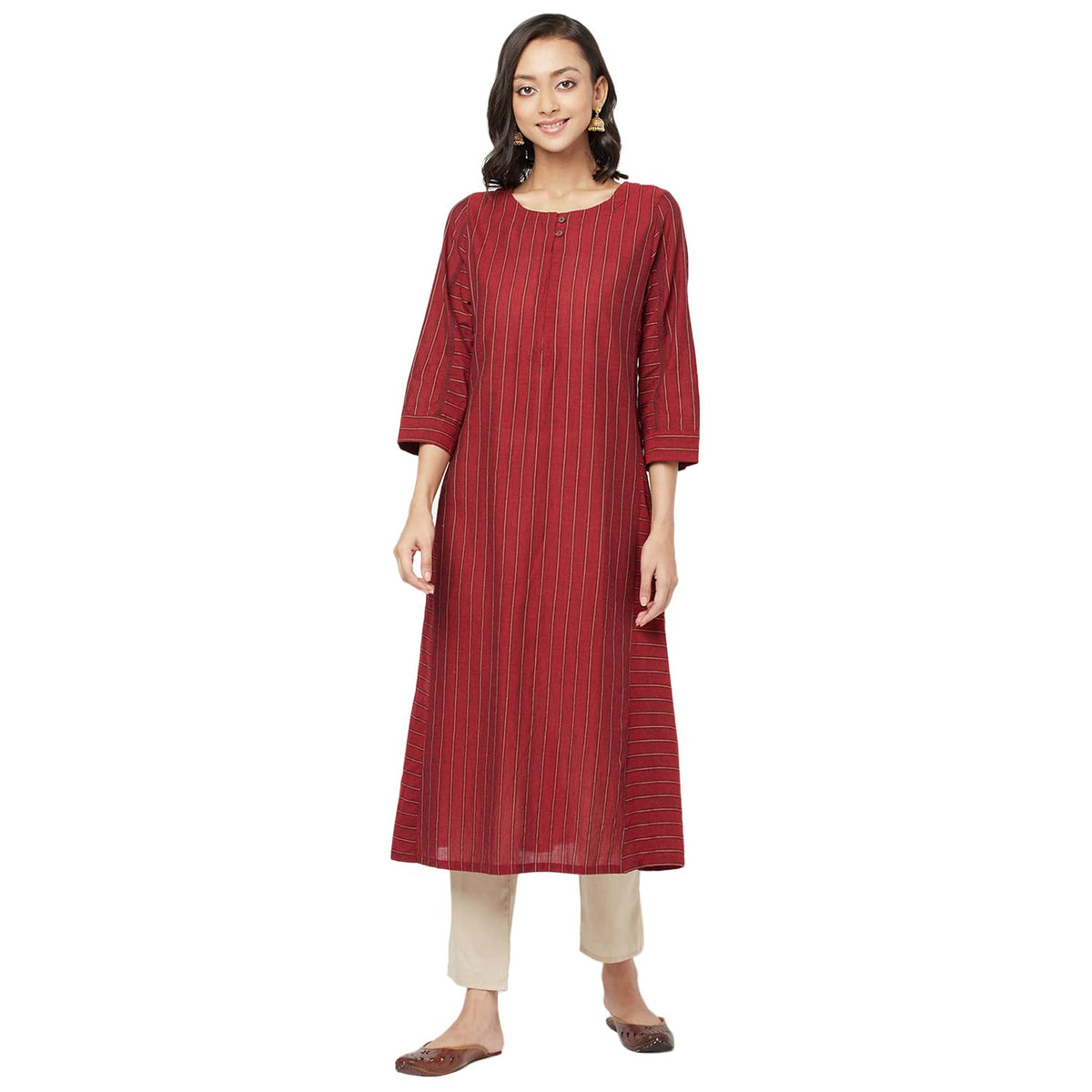 Fabindia Women Dobby Slim Fit Long Kurta Cotton_M Red