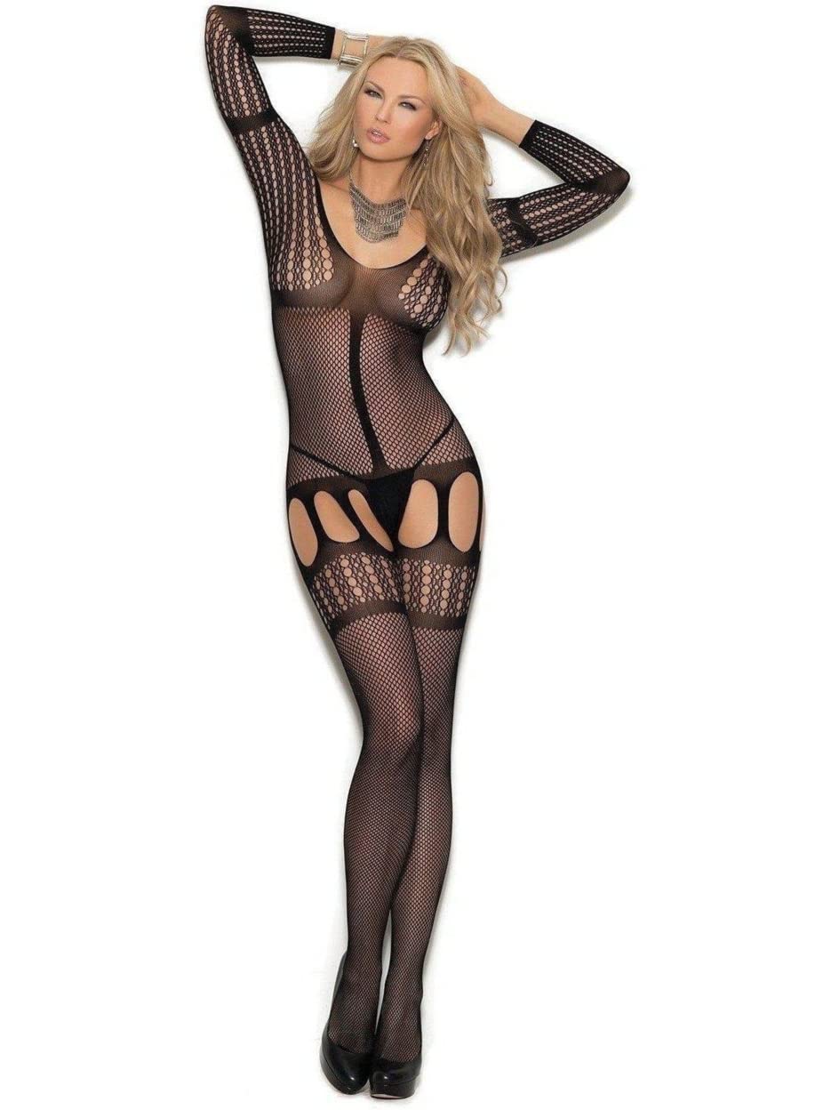 Elegant Moments Black Crochet Suspender Bodystocking