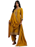 Libas Womens Embroidered Silk Blend Straight Kurta With Dhoti Pant And Dupatta