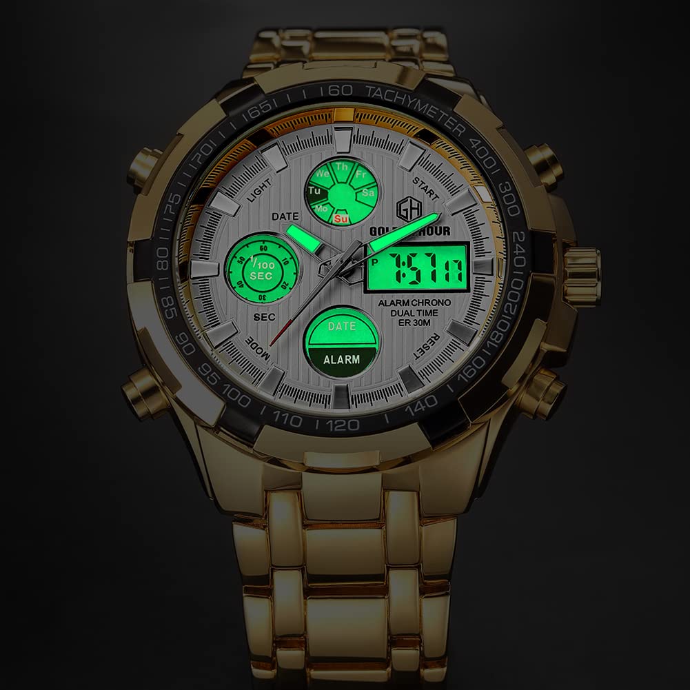 GOLDEN HOUR Luxury Stainless Steel Analog Digital Watches for Men Male Outdoor Sport Waterproof Big Heavy Wristwatch (Gold White
