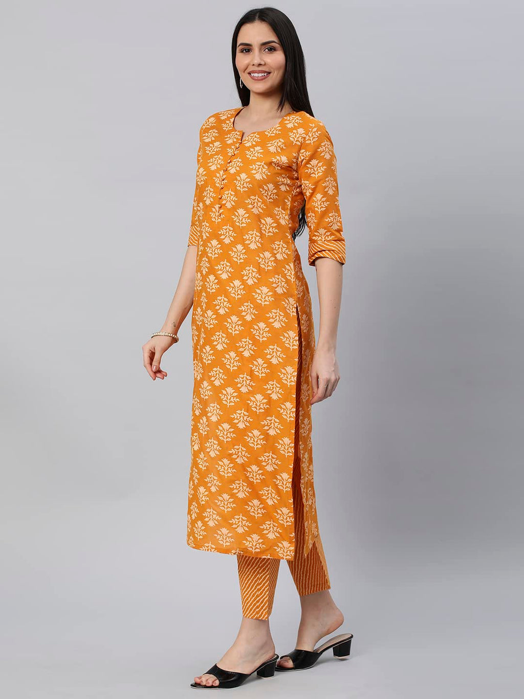 Anni Designer Women'S Cotton Blend Straight Printed Kurta With Pant (Kidaya Yellow-Nw5_L_Yellow_Large)