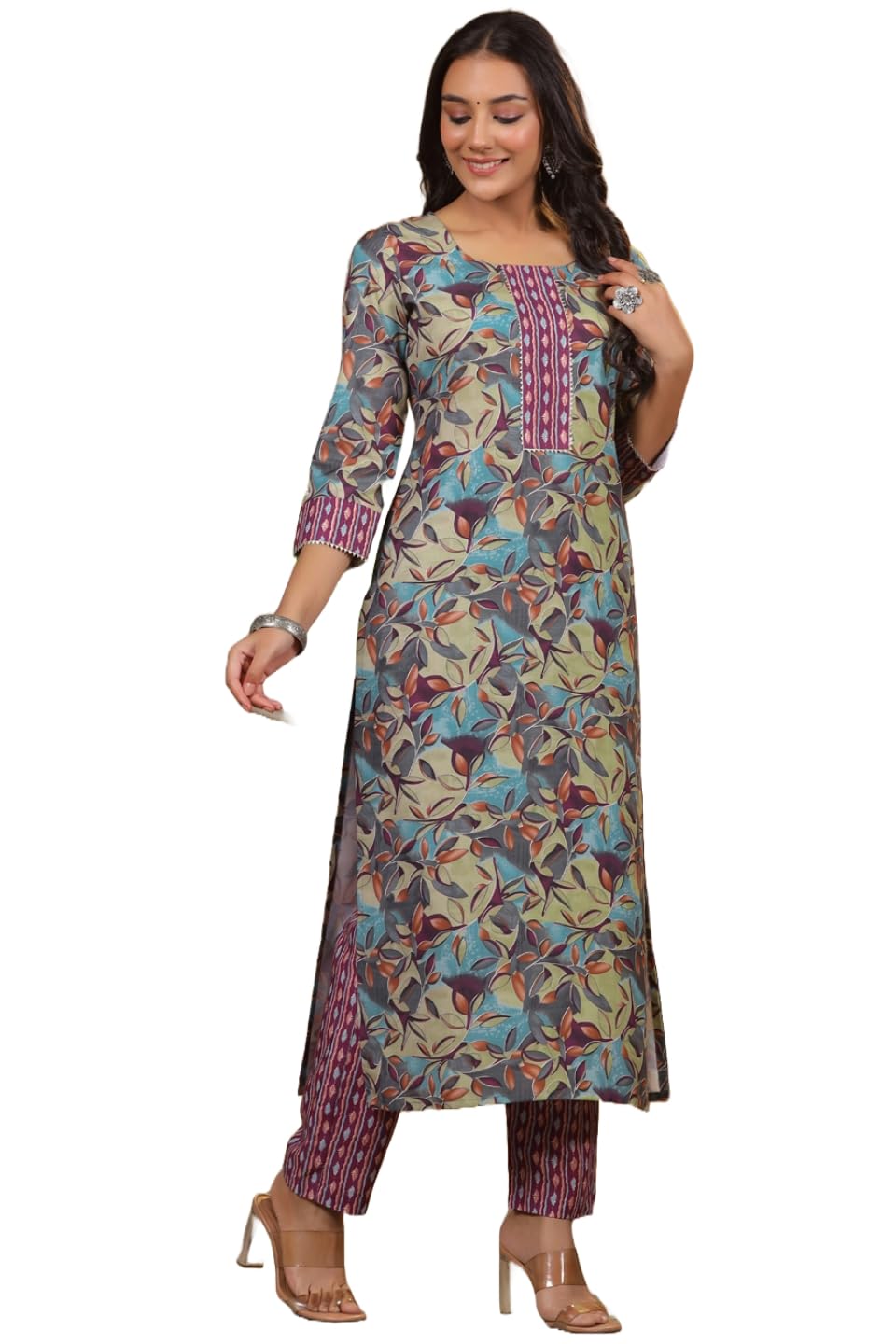 ANNI DESIGNER Womens Cotton Blend Straight Printed Kurta with Pant (Bicata Wine_XXL_Wine_XX-Large)