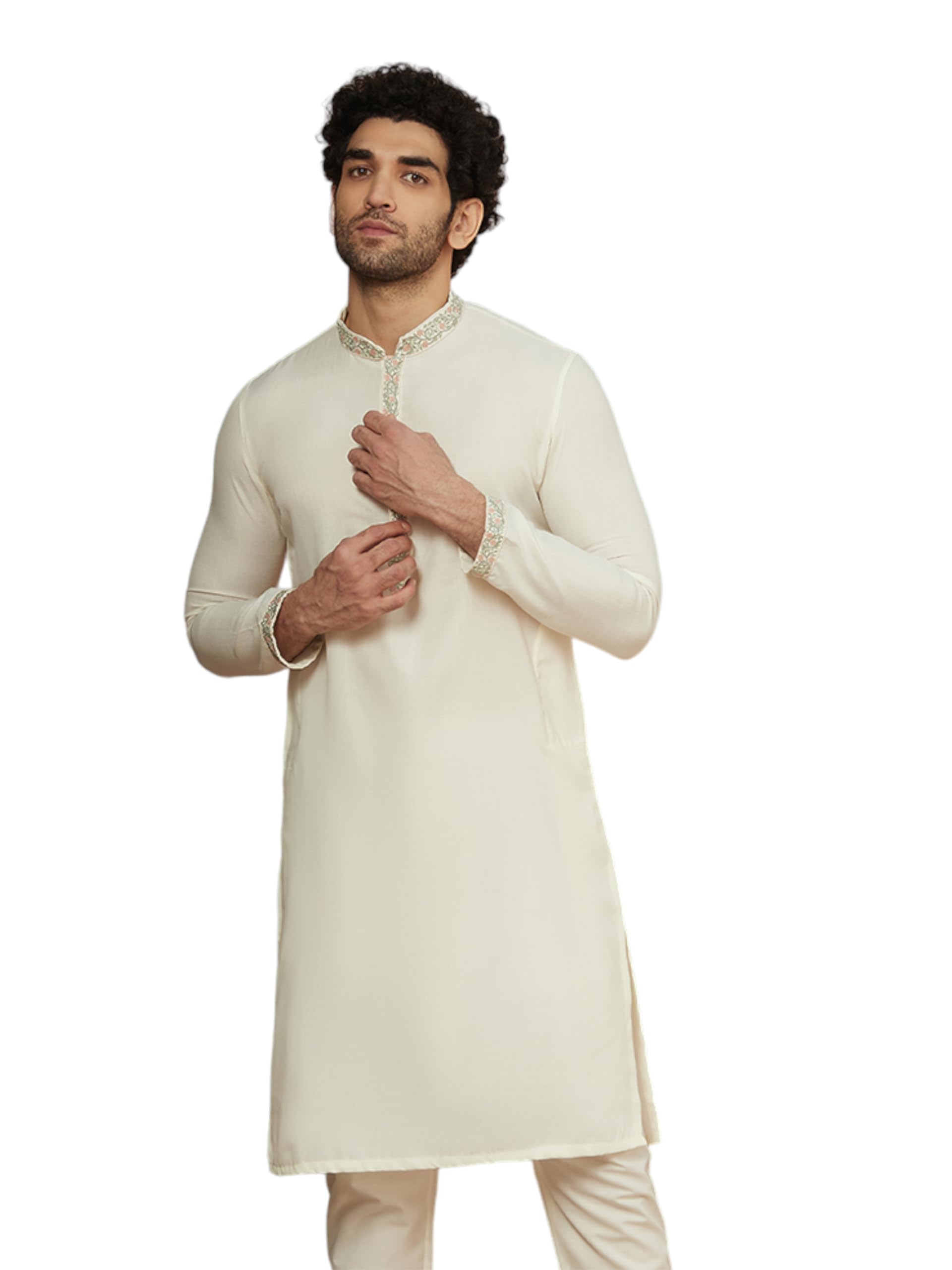Manyavar Mens Warm White Blended Viscose Solid Kurta Pyjama Set