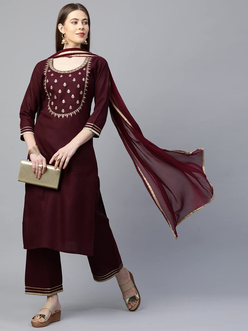 ANNI DESIGNER Womens Cotton Straight Kurta with Palazzo & Dupatta (KPZD-COT-10127-MAROON_S_Maroon_Small)