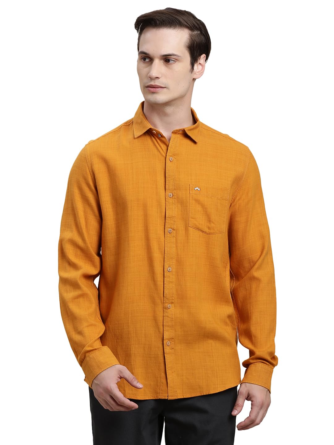 Turtle Men Yellow Solid Full Sleeve Slim Fit Cotton Lyocell Casual Shirt