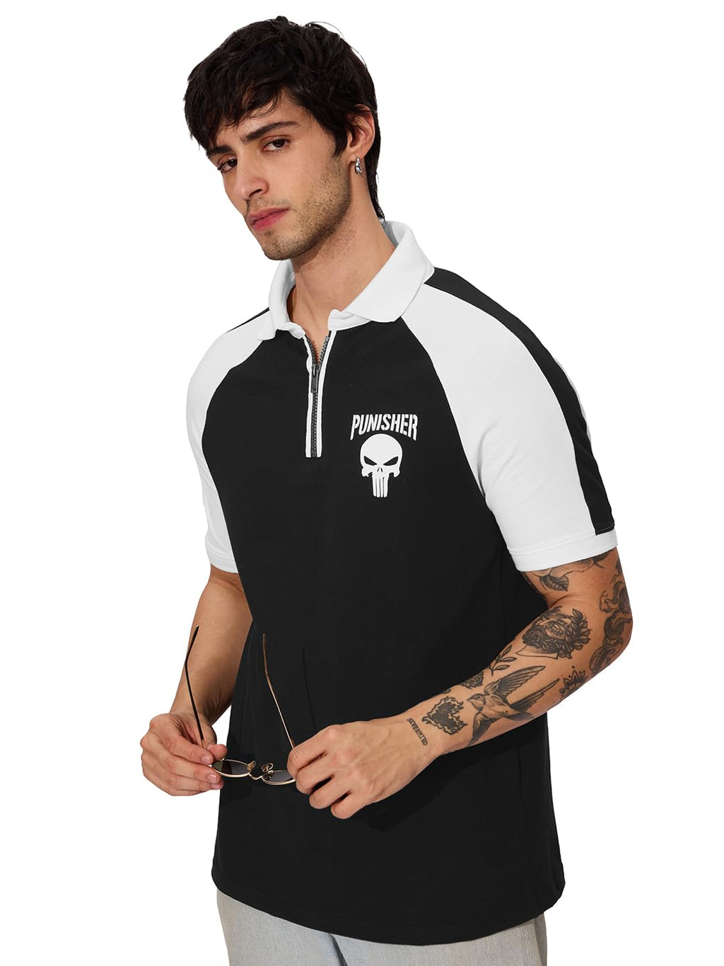The Souled Store Official Punisher: Skull Men and Boys Short Sleeves Collared Neck Black and White Printed Cotton Blend Regular 