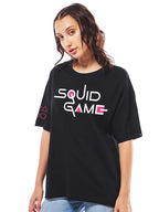 Bewakoof Official Squid Game Merchandise Womens Typography Oversized Fit Half Sleeve Round Neck Cotton Jersey T-Shirt_655109_Bl