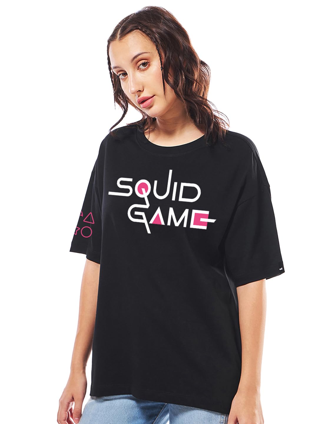 Bewakoof Official Squid Game Merchandise Womens Typography Oversized Fit Half Sleeve Round Neck Cotton Jersey T-Shirt_655109_Bl