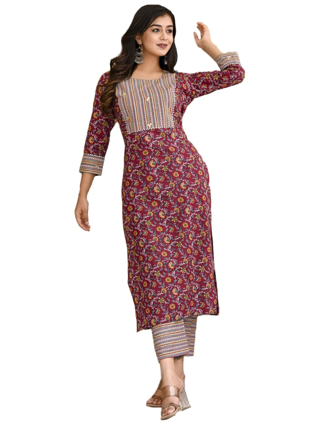 ANNI DESIGNER Women's Cotton Blend Printed Straight Kurta and Pant (SHIVPURI-Maroon-CMD_L_Maroon_Large)