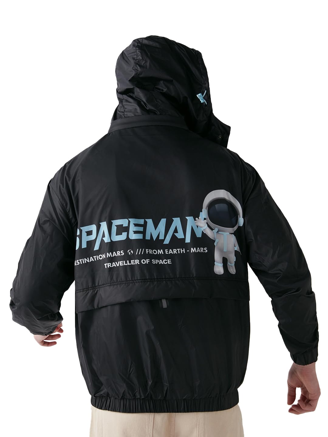 Bewakoof Official Nasa Merchandise Spaceman MenS Graphic Print Oversized Fit Full Sleeve Hooded Nylon Jacket_642557_Black_2Xl