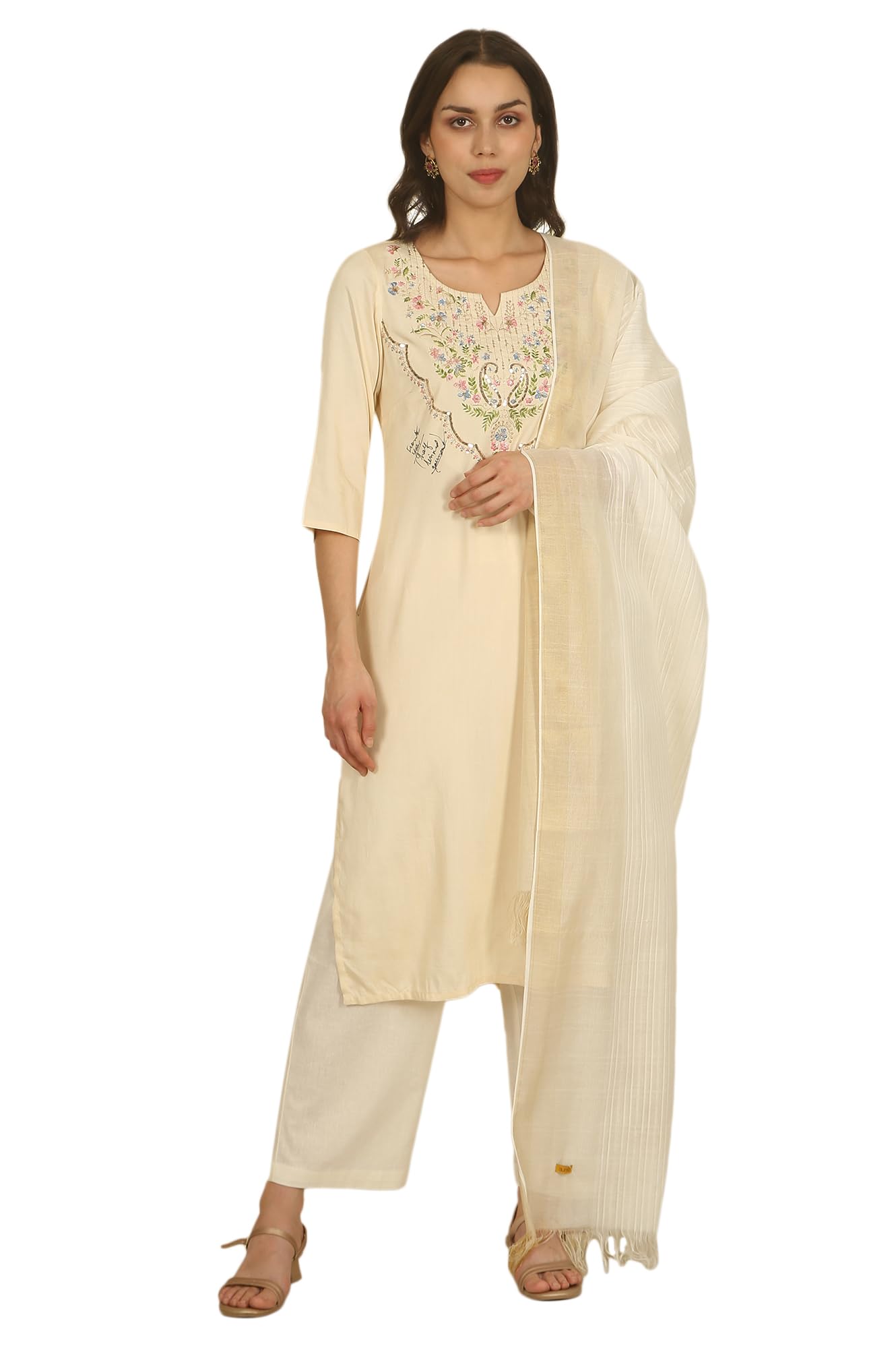 Aurelia Womens Off-White Zari Weaved Rayon Dobby Dupatta