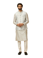 Manyavar Grey Art Silk Foil Print Kurta Jacket Set