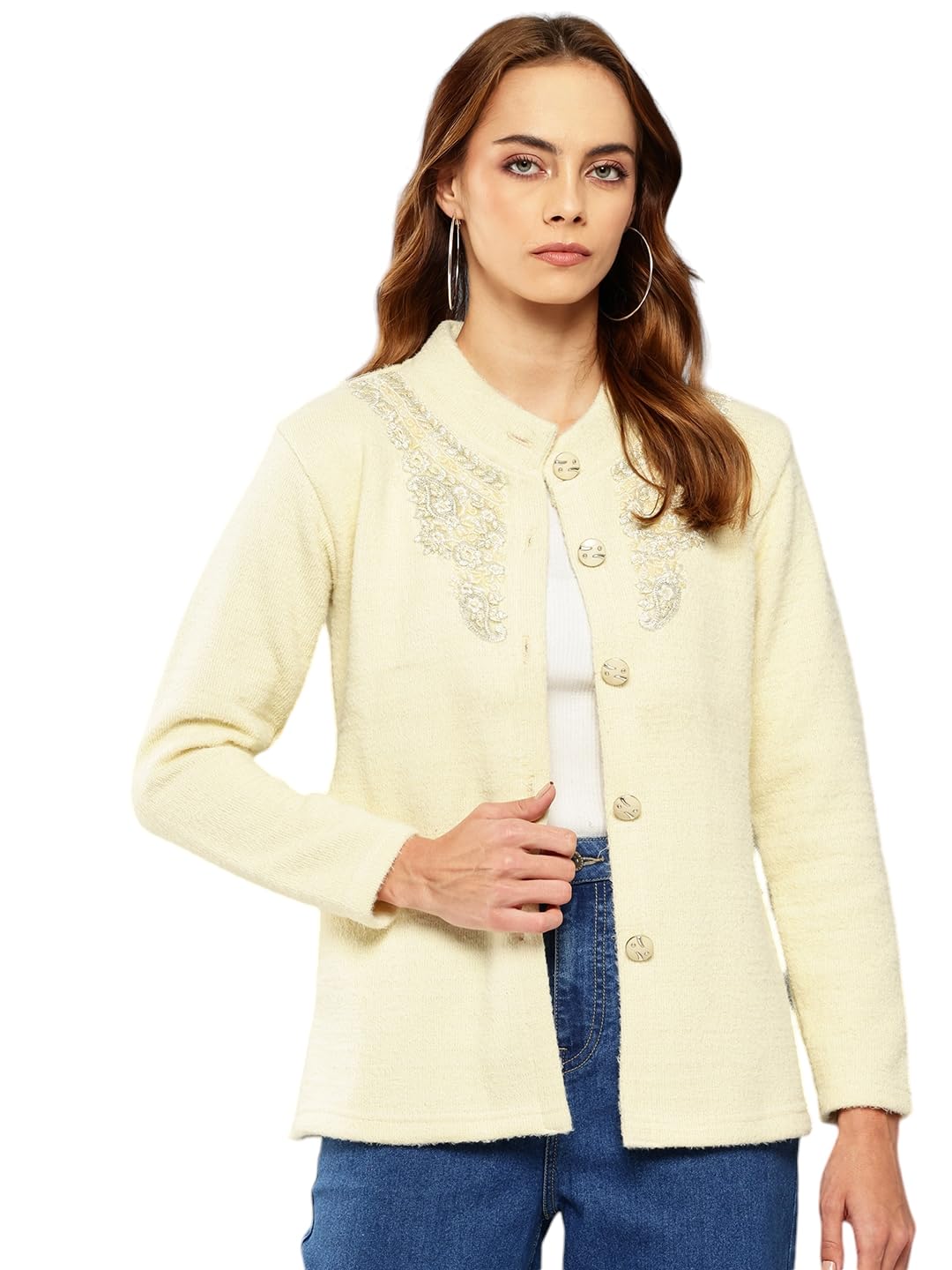 Aarika Womens Lemon Colour Embroidery Woolen Cardigan (S-L)
