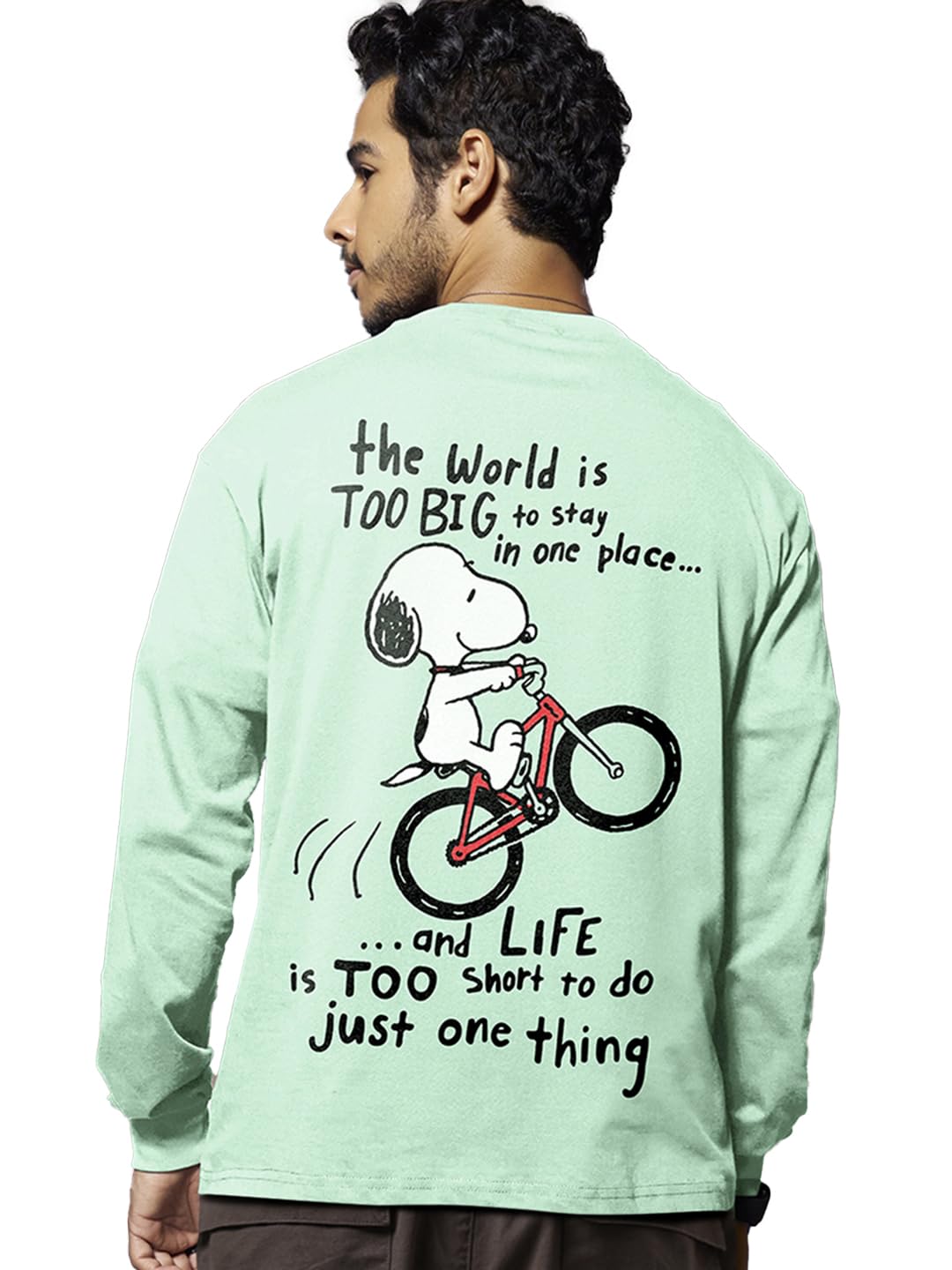 Bewakoof Mens Cotton Move On Graphic Printed T-Shirt, Oversized Fit, Round Neck, Full Sleeve_587155_Green_Medium