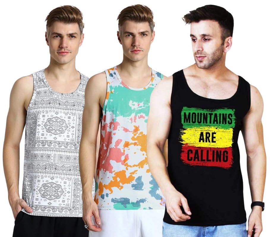 Veirdo Men's 100% Cotton Scoop Neck Regular Fit Sleeveless T-Shirt Combo-