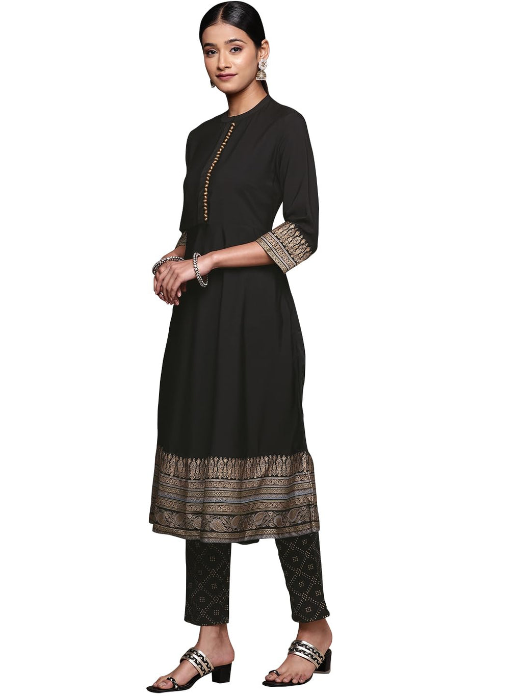 Ziyaa Women'S Black Crepe Kurta With Pant And Dupatta Set