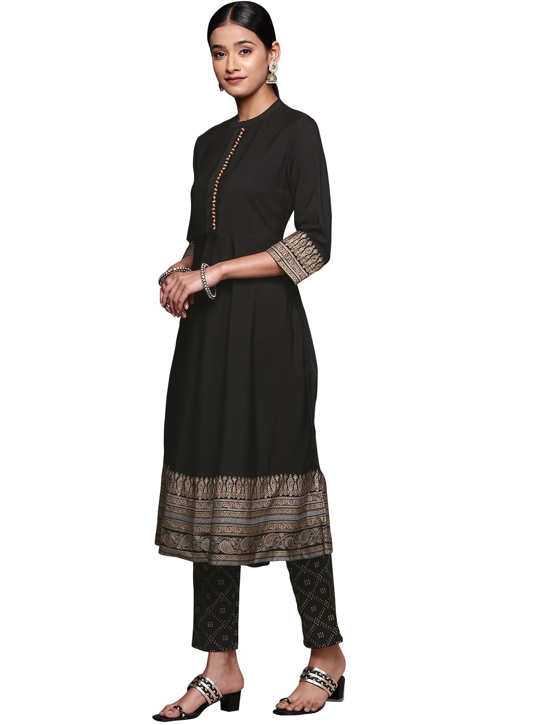 Ziyaa Women'S Black Crepe Kurta With Pant And Dupatta Set