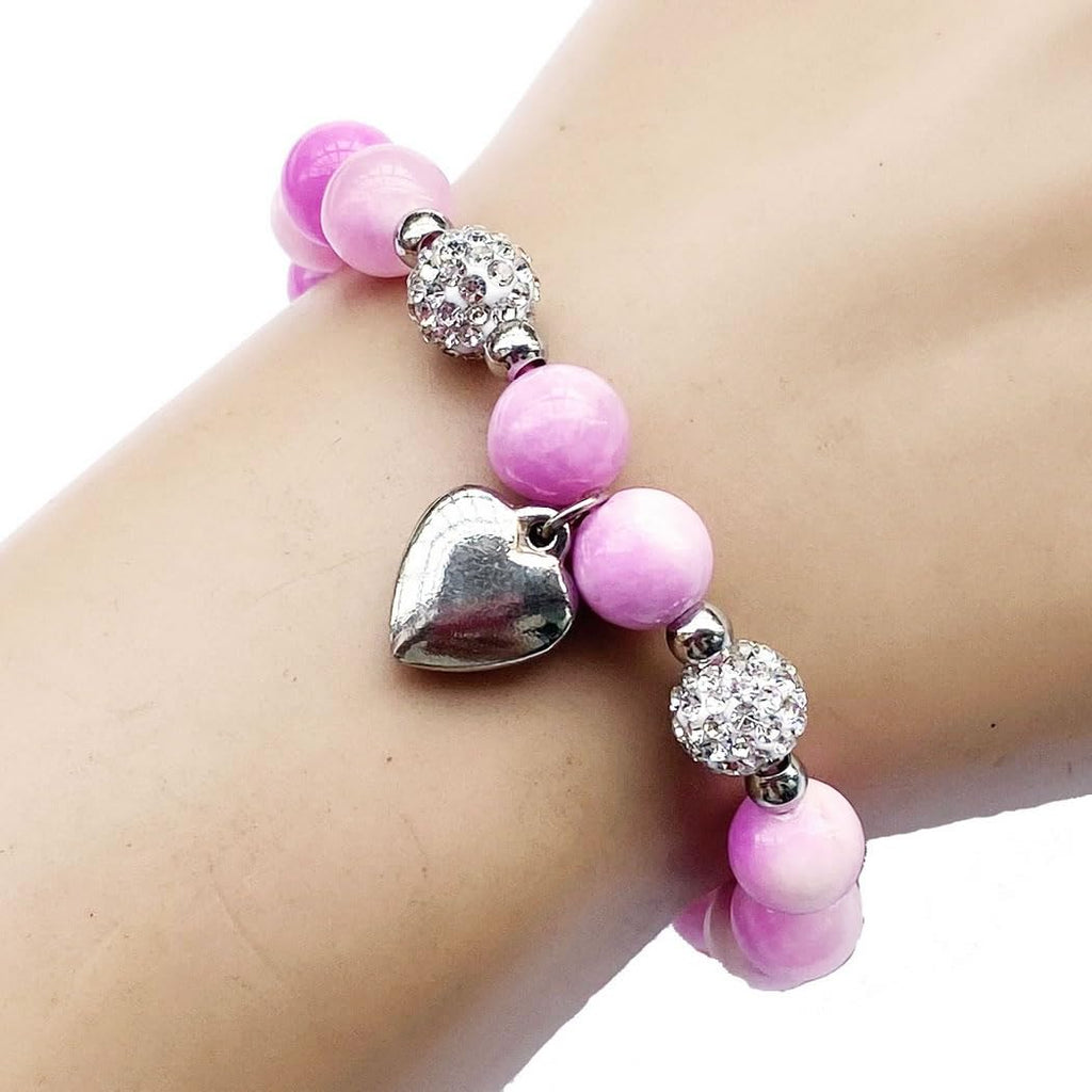 DOLON Peach Pink Glass Beaded Rhinestone Heart Charm Granddaugther Bracelet Jewelry Back to School Birthday Christmas Holiday Gi