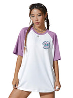 Juneberry 100% Pure Cotton Oversized Baggy Fit Drop Shoulderlilacgraphic Printed Raglan Sleeves Boyfriend T-Shirt For Women & Gi