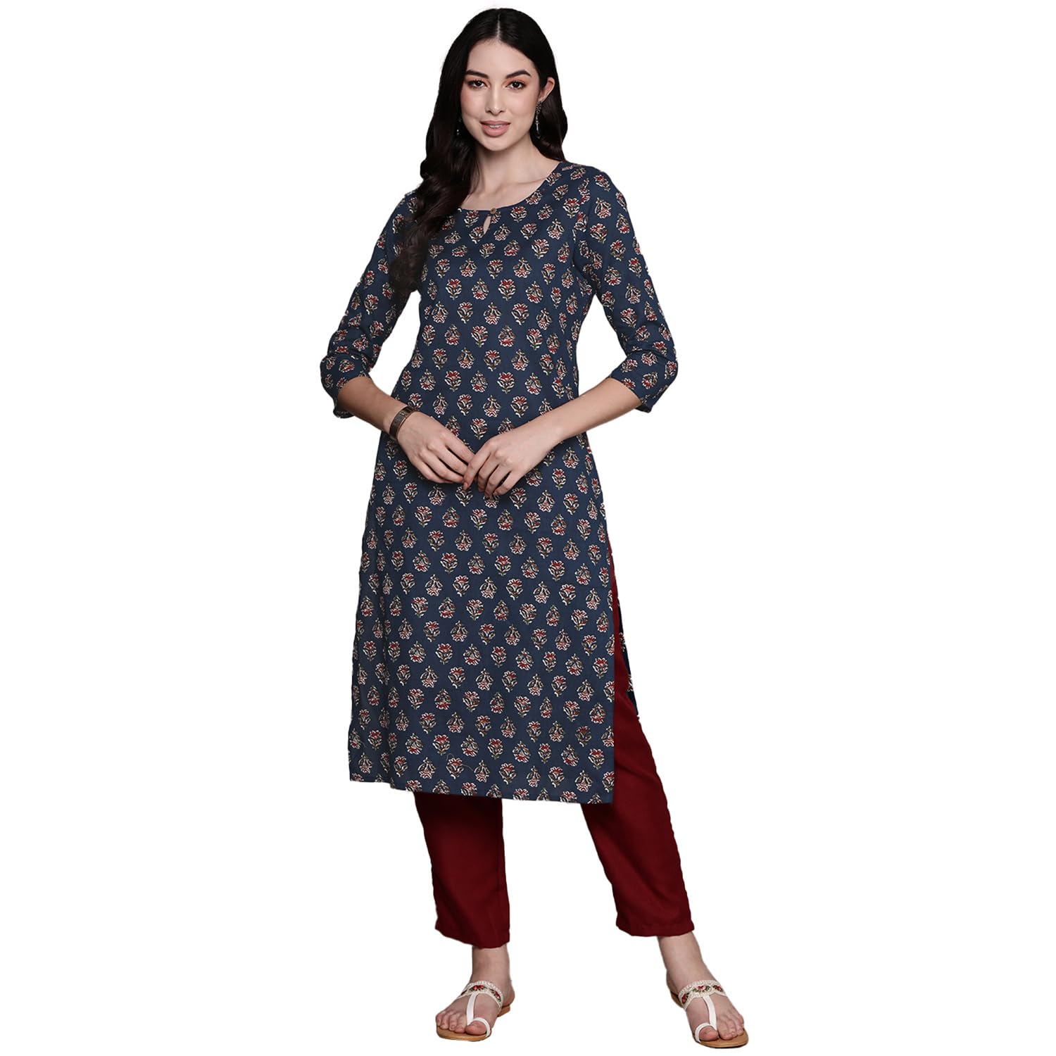 Anubhutee Women'S Cotton Floral Navy Blue Straight Kurta