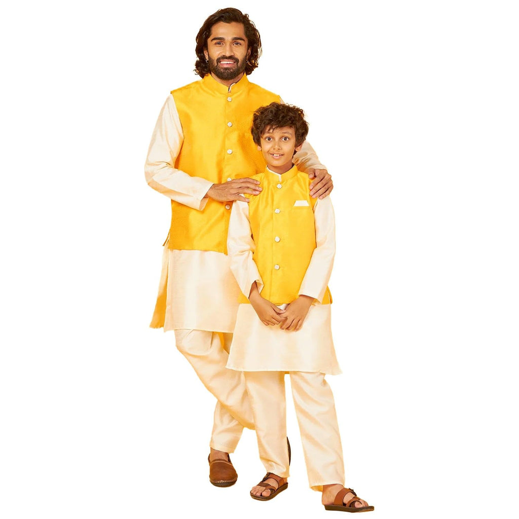 White Silk Kurta With Gold Bandi Pajama Set For Boy