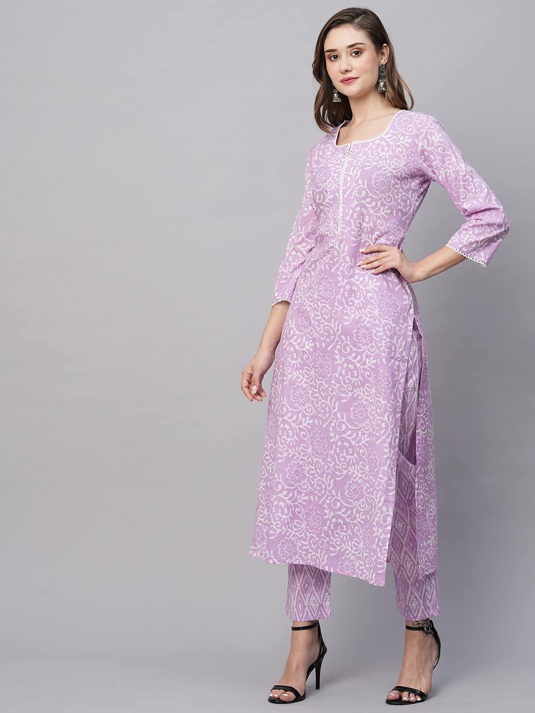 ANNI DESIGNER Womens Cotton Blend Straight Printed Kurta with Pant (Gulika Purple-NW_M_Purple_Medium)