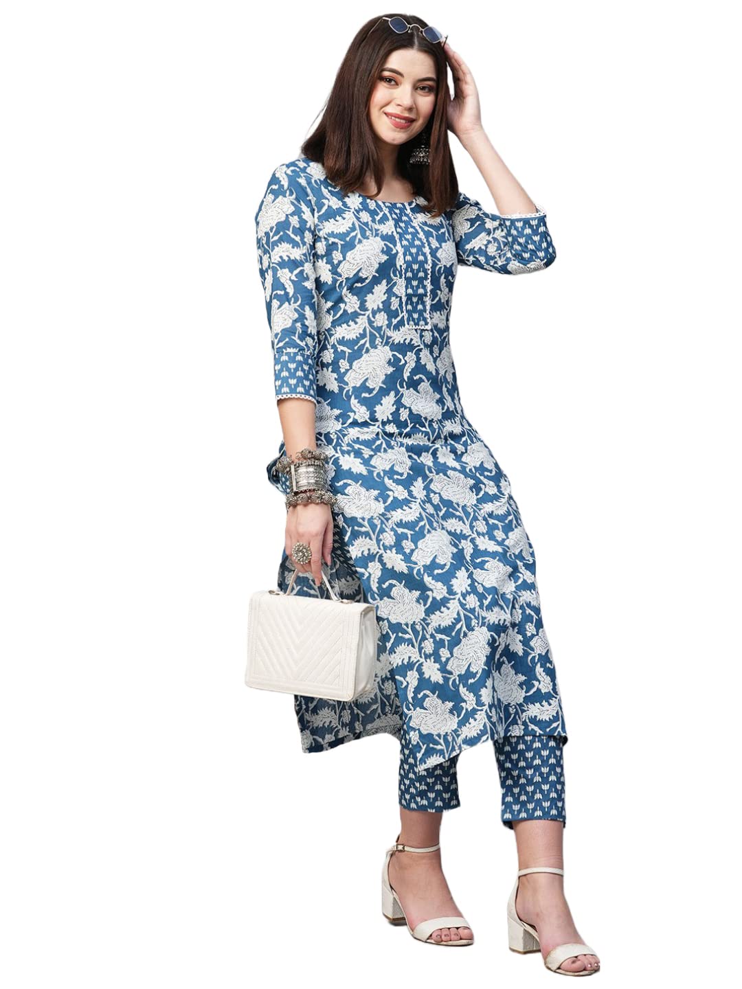 ANNI DESIGNER Womens Cotton Blend Printed Straight Kurta with Pant (Pustak Blue-GNw_M_White/Blue_Medium)