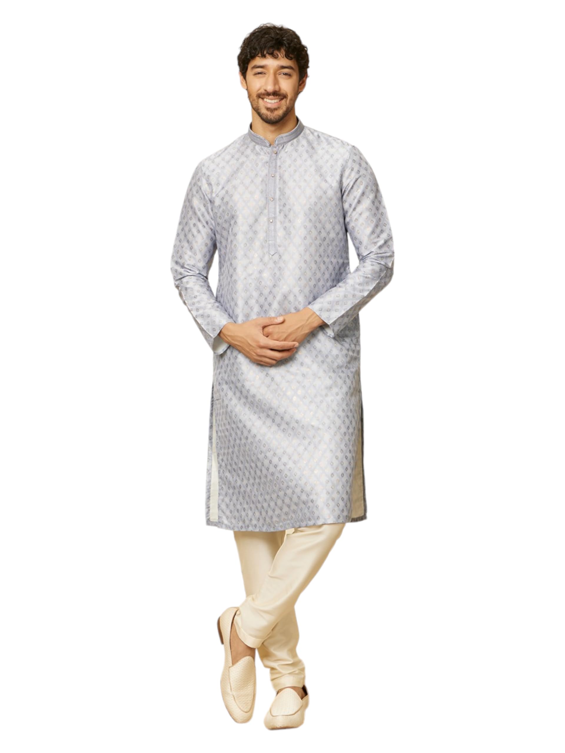 Manyavar Mens Grey Art Silk Self Design Kurta Pyjama Set