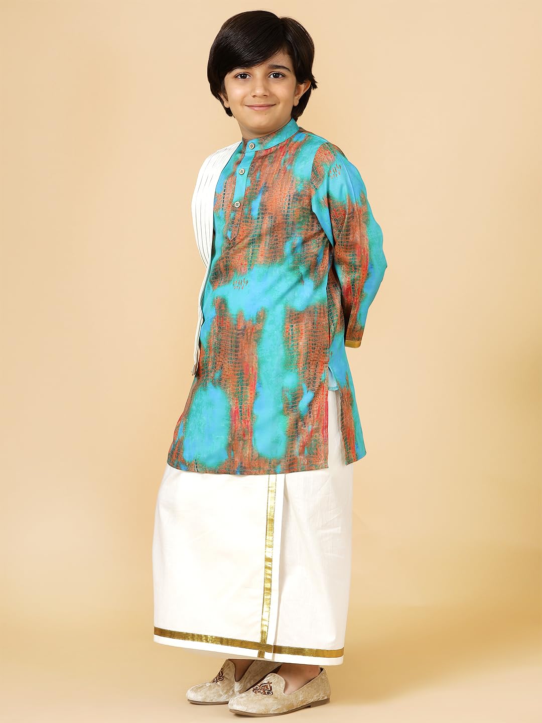 A.T.U.N. (ALL THINGS UBER NICE) Boys Blue Printed Kurta with Elasticated Mundu with Underneath Shorts Set