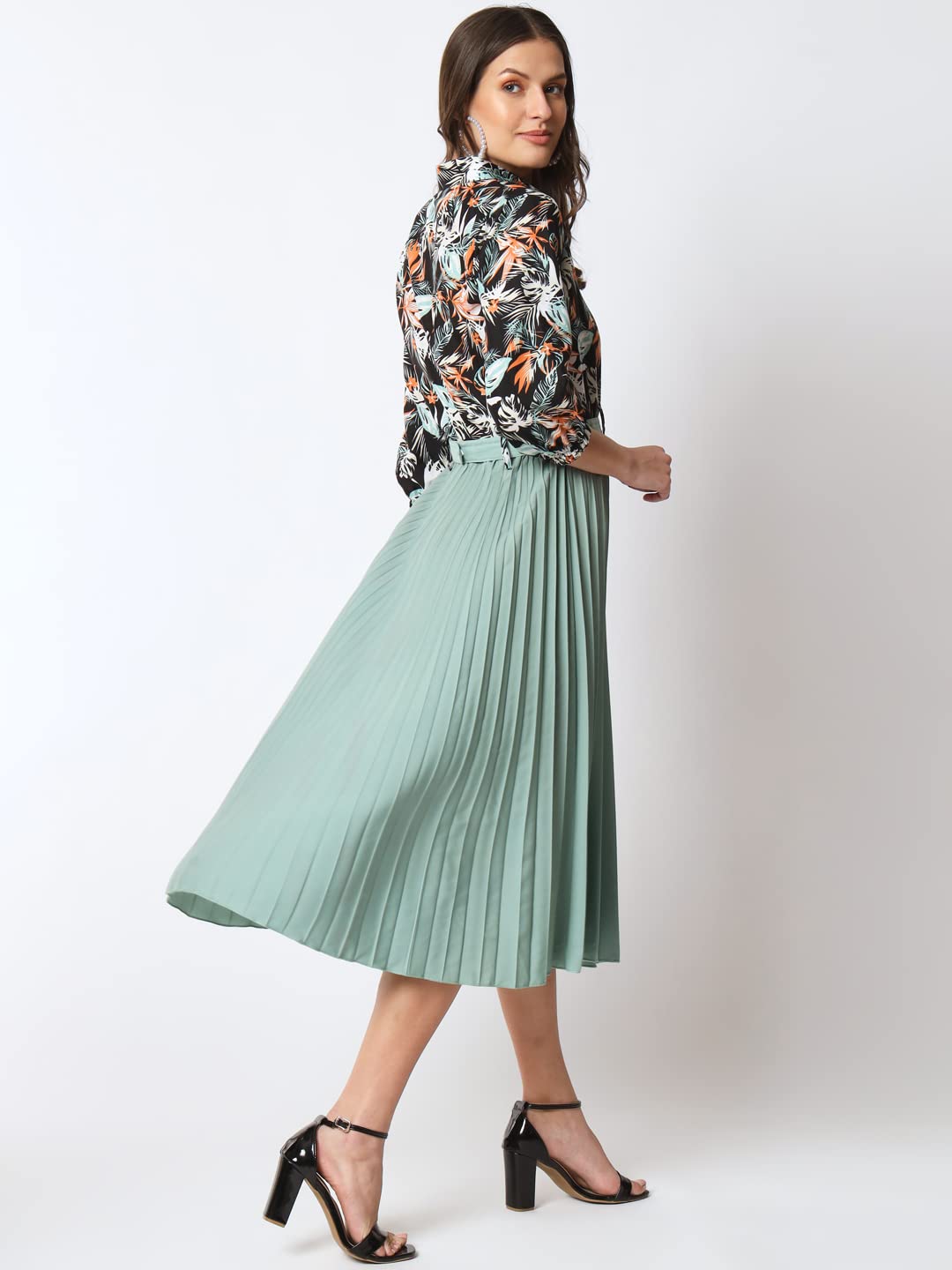 Kzully WomenS Print 3/4 Sleeve Pleated Midi Dress With Belt