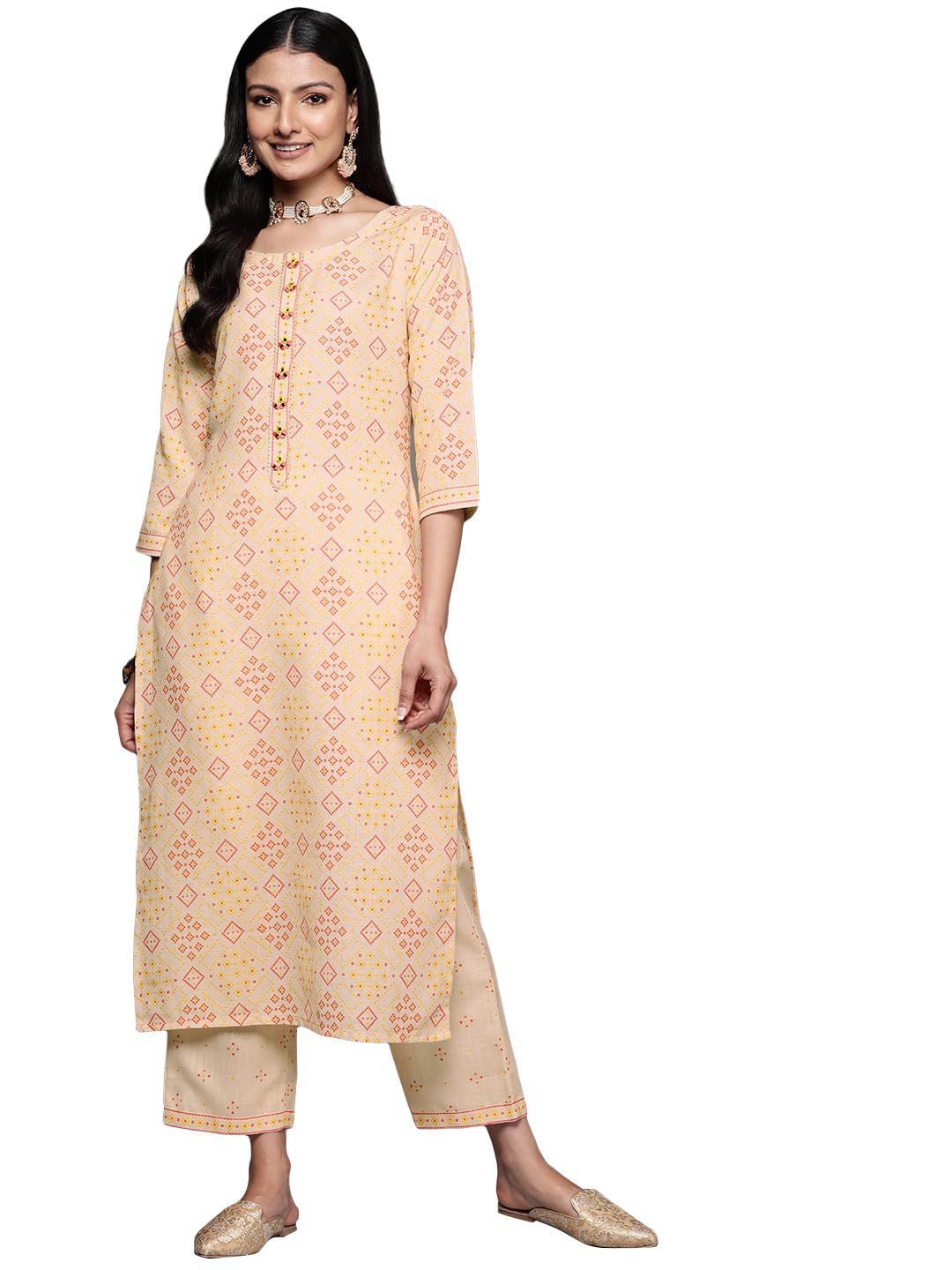 Libas Women Cotton Blend Beige Printed Straight Kurta Set With Trousers, Large