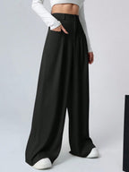 Shasmi Women & Girls Solid Black Color Loose Fit, Pleated Trousers, Wide Leg Pocket Casual Long Korean Trousers Pant (Pant 146 B
