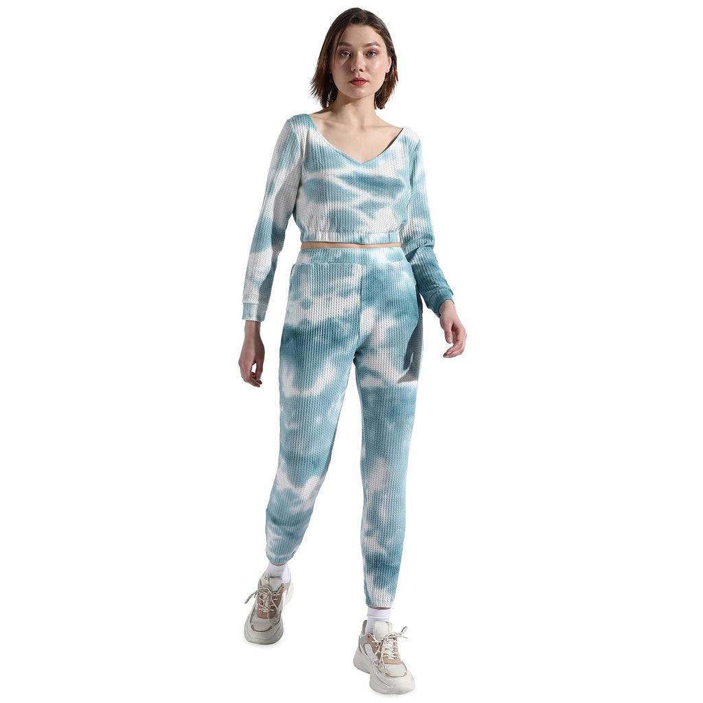 Campus Sutra Women'S Blue Tie-Dye V Neck Long Sleeve Regular Fit Co-Ords Set For Casual Wear | Clothing Set Crafted With Comfort