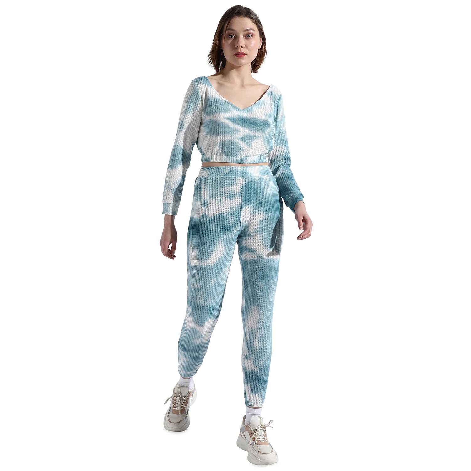 Campus Sutra Women'S Blue Tie-Dye V Neck Long Sleeve Regular Fit Co-Ords Set For Casual Wear | Clothing Set Crafted With Comfort