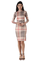Popwings Casual Beige Check Print Halter Kneck Full Sleeves Knee-Length Bodycon Dress For Women || Latest Stylish Western Summer