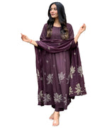 ANNI DESIGNER Womens Rayon Blend Anarkali Printed Kurta with Pant & Dupatta (Gangori Wine_3XL_Wine_XXX-Large)