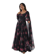 Fashion Basket Floral Print Anarkali Kurta With Pant And Dupatta (Black, L)