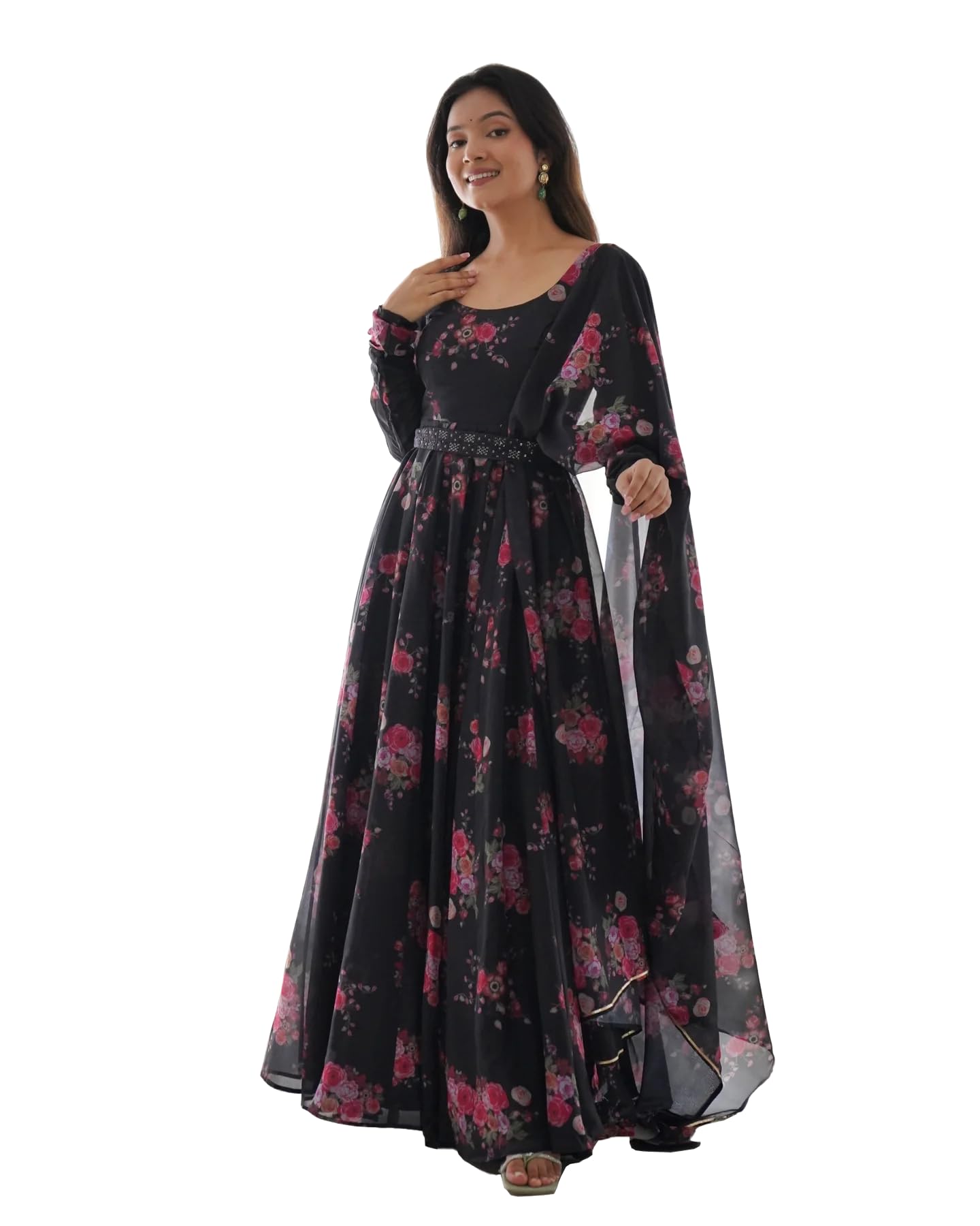 Fashion Basket Floral Print Anarkali Kurta With Pant And Dupatta (Black, L)